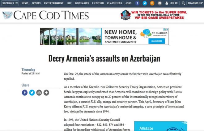 Ermənistanın hücumu qınanmalıdır - ABŞ nəşri