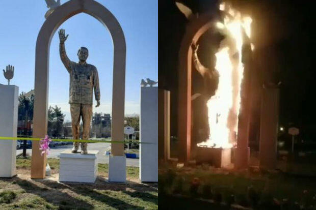 İranda Süleymaninin heykəlini yandırdılar - Video